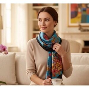 Women's Scarf 35" X 35" Blue Gold Pink Floral Flower Silky Feel Square